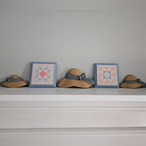Vintage Burwood Set Of 3 Straw/Bow Hat & Quilt Folk Art Plaques Bundle - Picture 1 of 10